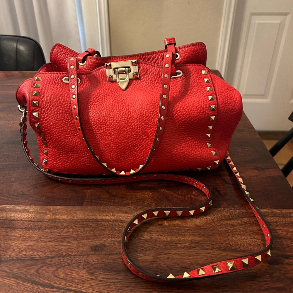 Valentino Garavani Red Leather Satchel with Studded Detailing